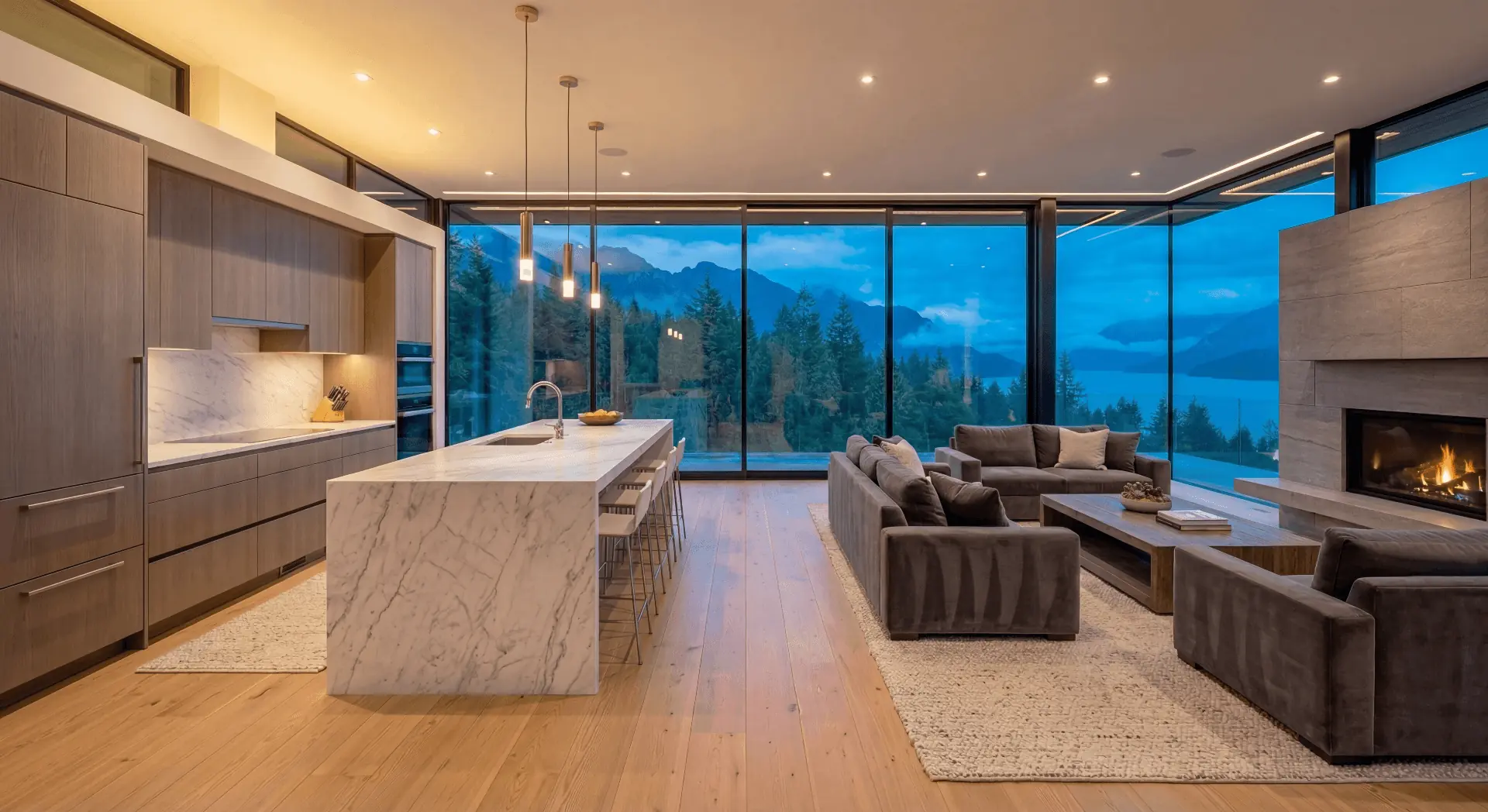 Open-plan living room with custom millwork and stone fireplace - whole-home remodeling in Portland, Masters Construction